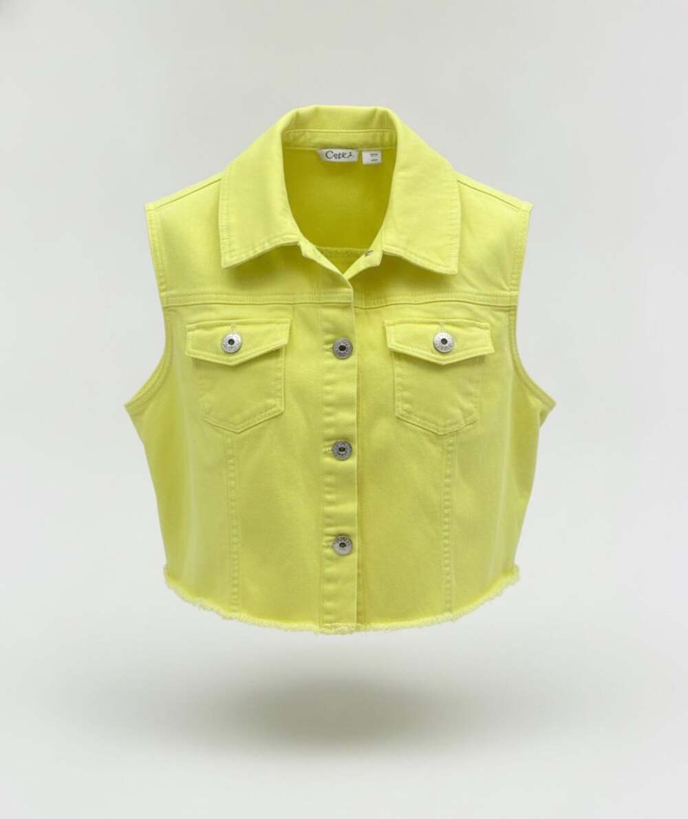 Cato Denim Vest Size L Lime Green Cropped Button Up Sleeveless Jacket